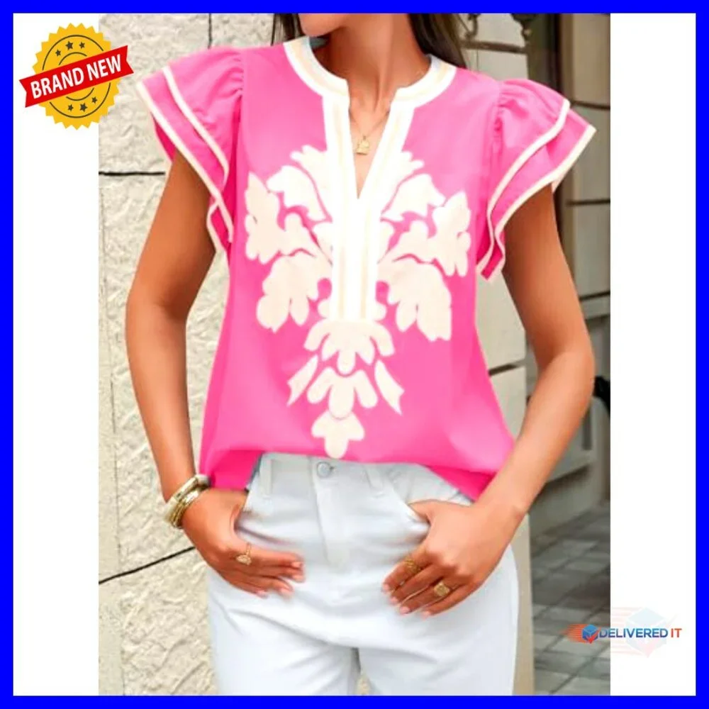 Ruffle Color Block Blouse Floral Print V Neck Pleated Loose Fit Summer Top - Picture 2 of 7